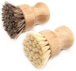 Pack of 2 Bamboo Round Scrub Brushes for Pots Pans and Dishes