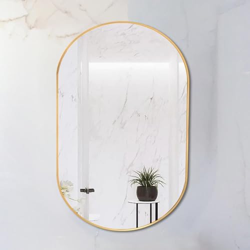 Golden Oval Arched Bathroom Mirror with Metal Frame 1