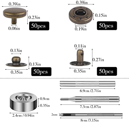 TLKKUE 50 Pcs 10mm Bronze Metal Snap Buttons Kit with Tools