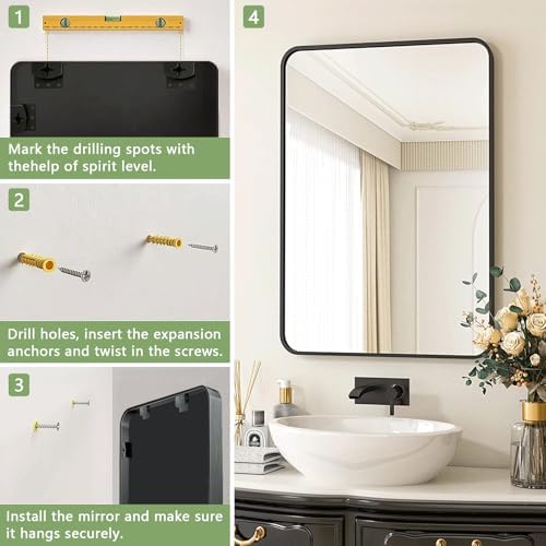Black Framed Mirror for Bathroom Vanity 15x25in Brushed Rectangle