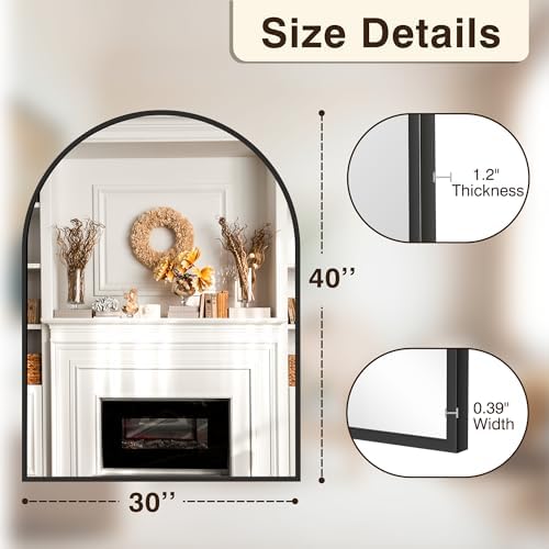 FICTOR 40x30 Inch Arched Wall Mirror with Metal Frame Black
