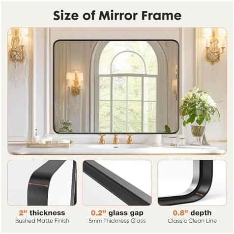 30 x 22 Tempered Glass Bathroom Mirror with Matte Black Frame