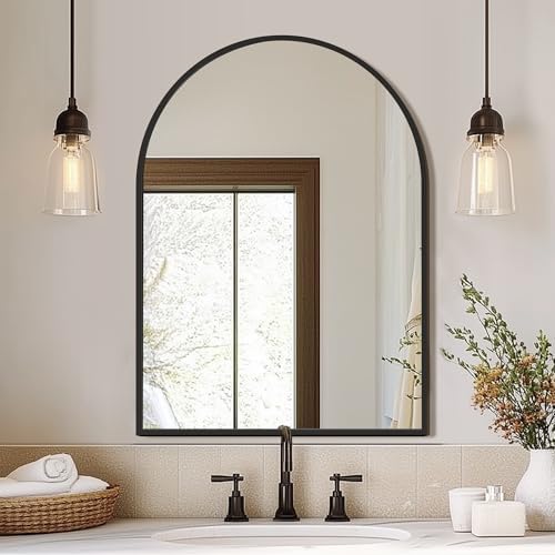 FICTOR 40x30 Inch Arched Wall Mirror with Metal Frame Black