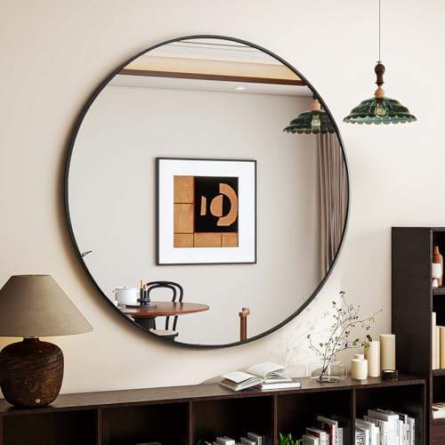 VETROVUE 24-Inch Black Round Mirror with Metal Frame