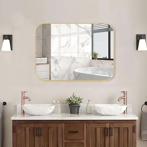 FARMER 40x30 Inch Gold Bathroom Mirror with Brushed Brass Frame