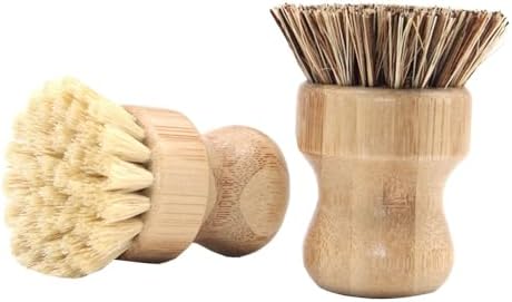 Pack of 2 Bamboo Round Scrub Brushes for Pots Pans and Dishes