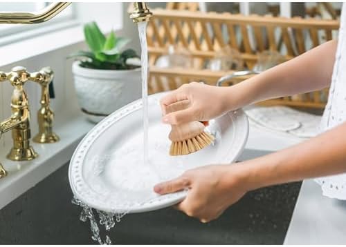 HIC Kitchen Natural Bristle Dish Pan Scrub Brush Set of 2