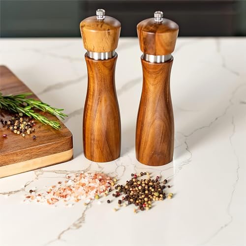 Salt and Pepper Grinder Set - 2pcs Oak Wood with Adjustable Rotor