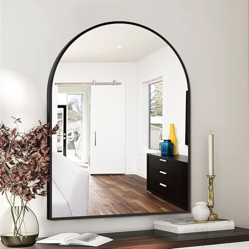 FICTOR 40x30 Inch Arched Wall Mirror with Metal Frame Black