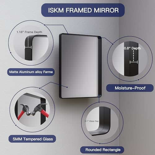 ISKM 22x30 Black Metal Wall Mirror for Bathroom and Bedroom