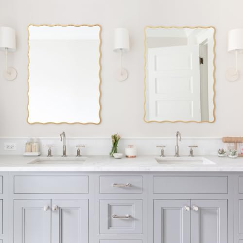 Wavy Gold Bathroom Mirror with Wood Frame