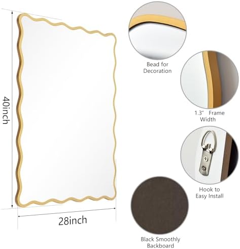 Wavy Gold Bathroom Mirror with Wood Frame