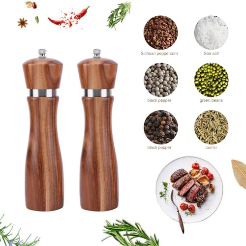 Salt and Pepper Grinder Set - 2pcs Oak Wood with Adjustable Rotor