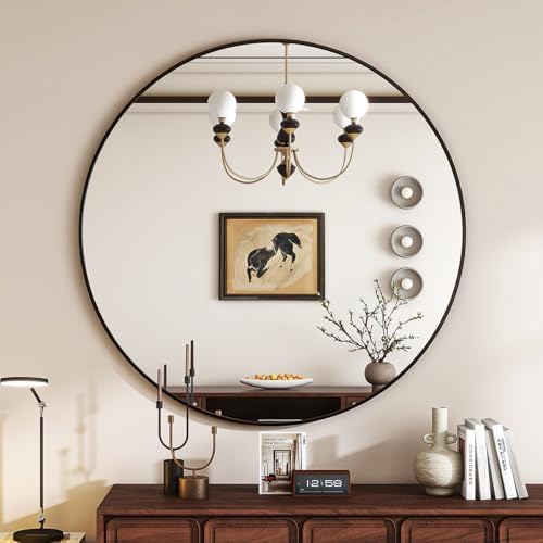 VETROVUE 24-Inch Black Round Mirror with Metal Frame