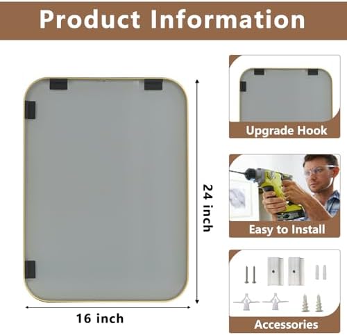 Brushed Gold Mirror 16x24 Rectangle Wall Mount