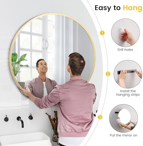 Takywep 18 Inch Round Mirror with Aluminum Frame