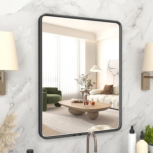 16X24 Inch Matte Black Bathroom Mirror with Tempered Glass