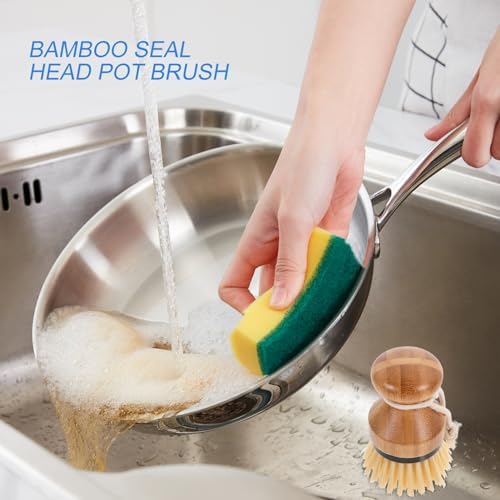 Cabilock 2pcs Bamboo Dish Cleaning Brush for Kitchen and Bathroom