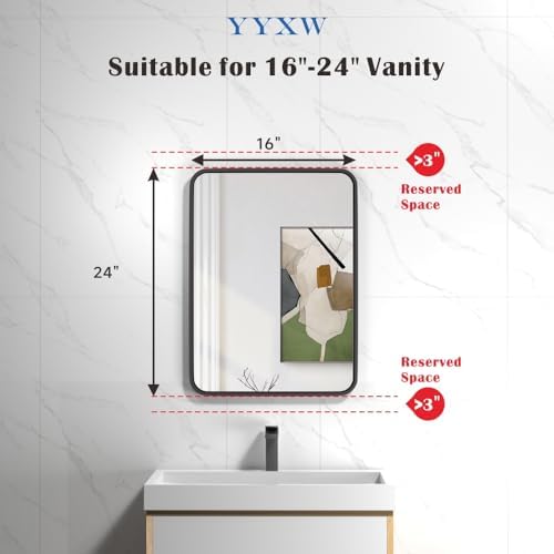 16X24 Inch Matte Black Bathroom Mirror with Tempered Glass
