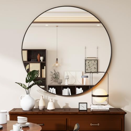 VETROVUE 24-Inch Black Round Mirror with Metal Frame