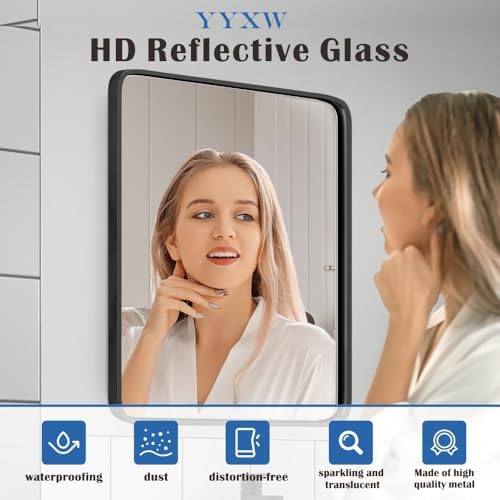 16X24 Inch Matte Black Bathroom Mirror with Tempered Glass