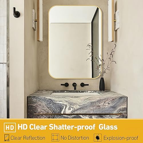 FARMER 40x30 Inch Gold Bathroom Mirror with Brushed Brass Frame
