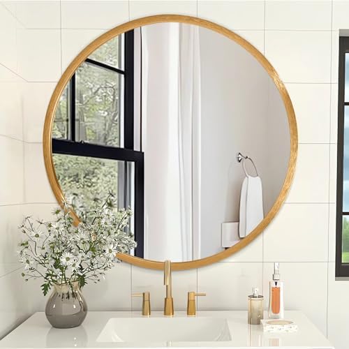 Brushed Gold Metal Framed Round Mirror for Bathroom and Living Room