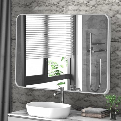 Inbenioso 40x30 Silver Aluminum Framed Mirror with Rounded Corners