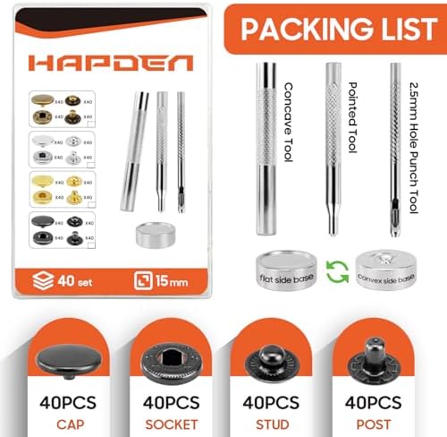 HAPDEN 15mm Black Snap Buttons 40 Sets with Tools