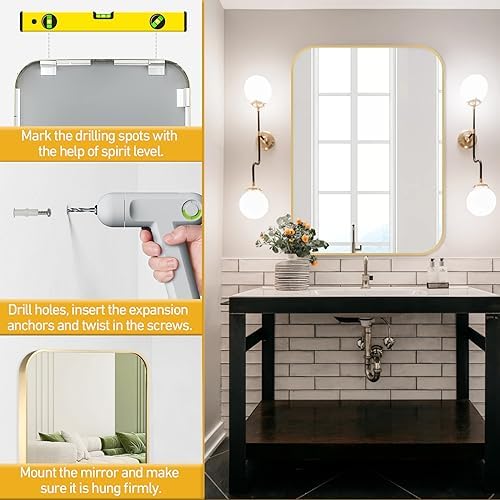 FARMER 40x30 Inch Gold Bathroom Mirror with Brushed Brass Frame
