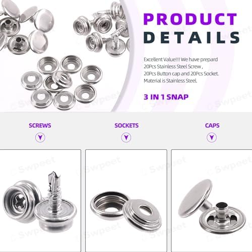 Swpeet 62Pcs Canvas Snap Fastener Kit for Boat Covers