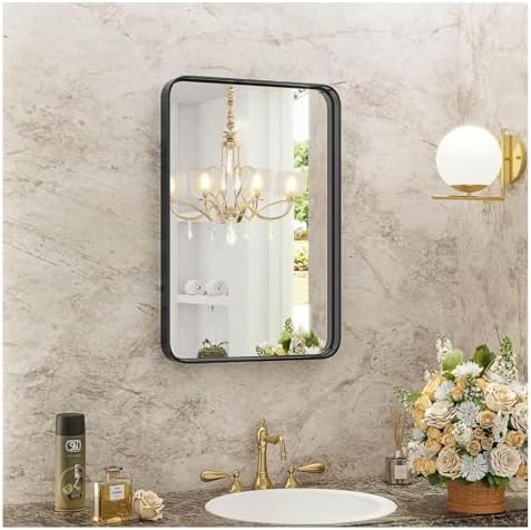 30 x 22 Tempered Glass Bathroom Mirror with Matte Black Frame
