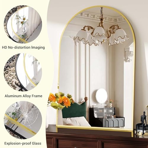 GAOMON Arched Wall Mirror 30x40 Inch Gold Frame