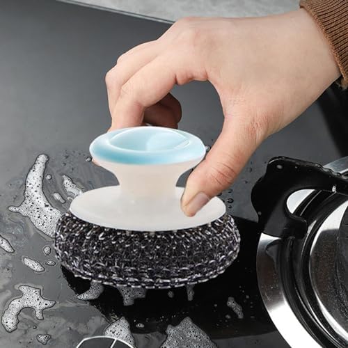 Metal Dish Brush for Cast Iron Cleaning with Handle Blue