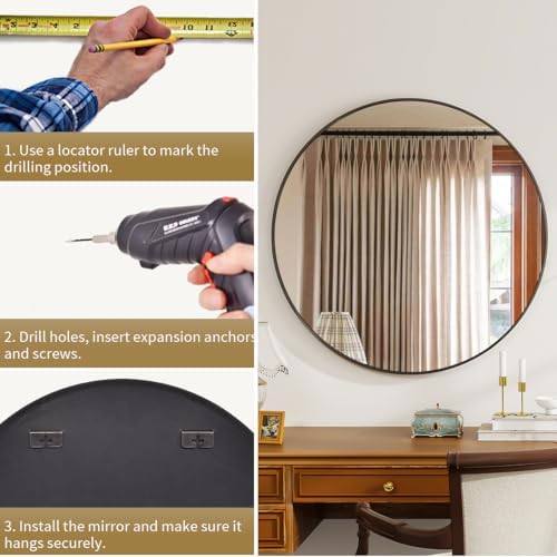 VETROVUE 24-Inch Black Round Mirror with Metal Frame