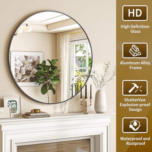 VETROVUE 24-Inch Black Round Mirror with Metal Frame