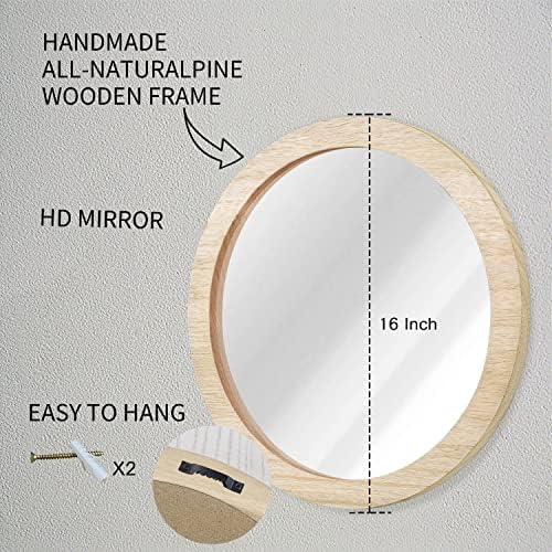 JJUUYOU 16 Round Farmhouse Wall Mirror with Wood Frame