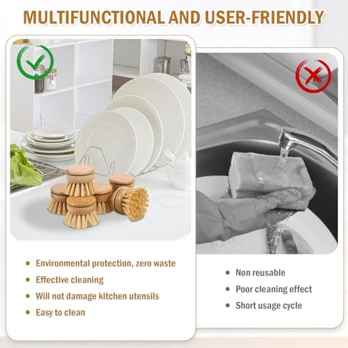 Bamboo Dish Brush Head Set of 6 Eco-Friendly Cleaning