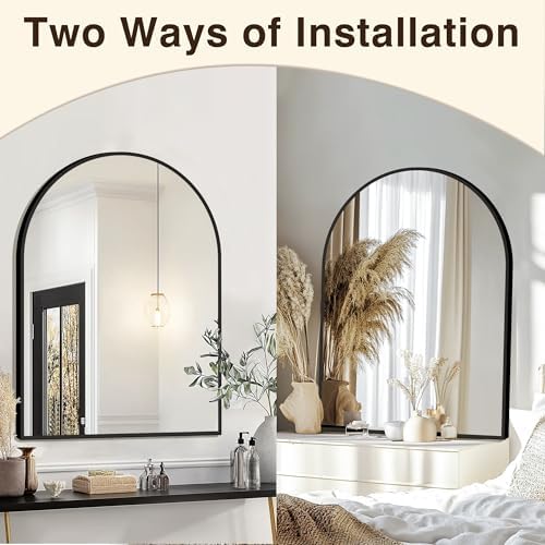 FICTOR 40x30 Inch Arched Wall Mirror with Metal Frame Black