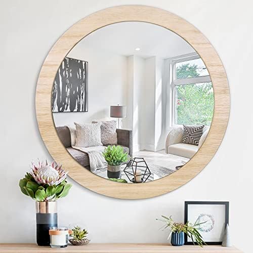 JJUUYOU 16 Round Farmhouse Wall Mirror with Wood Frame
